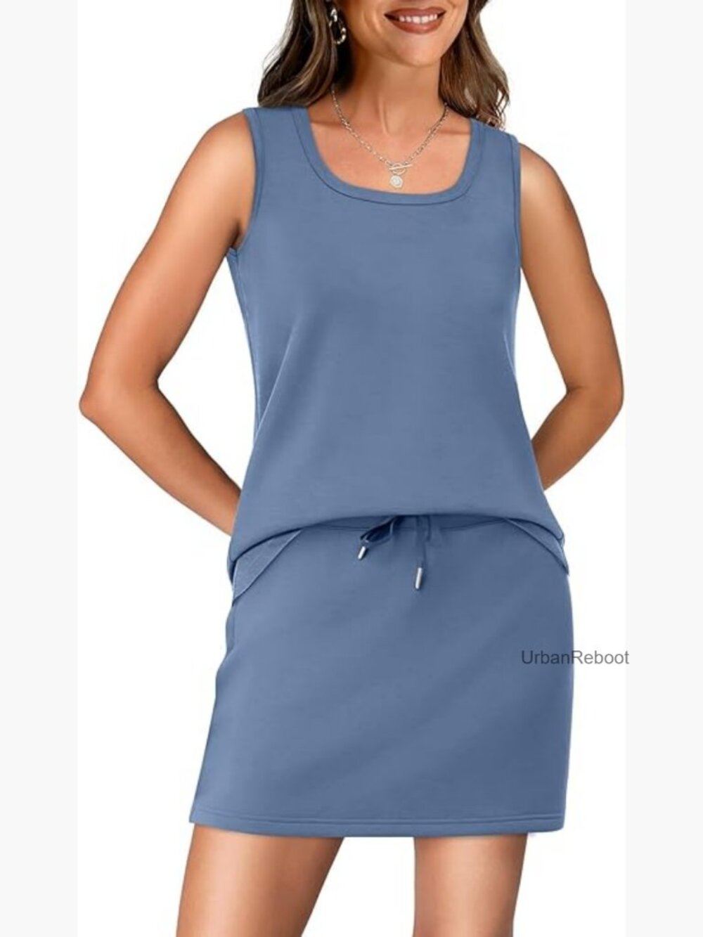 Two Piece Skirt Set - Sleeveless Square Neck Top & Tennis Skirt with Built-in - Picture 1 of 7